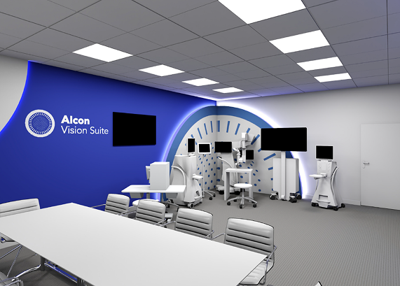 Innenansicht des Alcon Showrooms in Aschaffenburg mit moderner Alcon Vision Suite. Der Raum zeigt medizinische Geräte, Monitore und einen Besprechungstisch für Schulungen und Produktvorführungen.