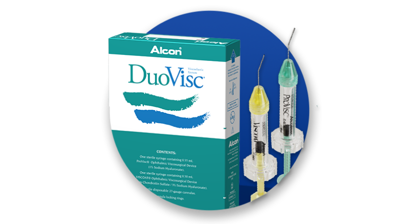 DuoVisc OVD und Verpackung vor einem blauem Kreis im Hintergrund.