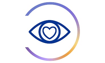 Kreisförmiges Symbol mit stilisiertem Auge und Herzform in der Mitte, das für Augengesundheit und Patientenwohl steht