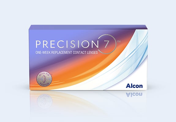 Packung PRECISION7™ Wochenkontaktlinsen von Alcon mit orange-blauem Design und Hinweis auf wöchentlichen Austausch.