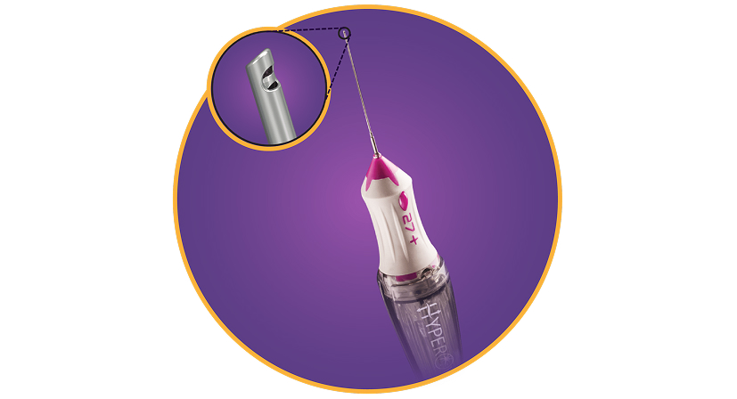 Ein Bild der 27+ Gauge Hypervit Sonde mit einer Vergrößerung des Sondentips.  