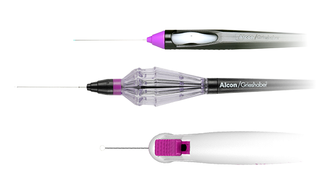 Drei Alcon Grieshaber-Chirurgiewerkzeuge mit feinen Spitzen, gezeigt mit schwarzen, transparenten und weißen Griffen vor einem schwarzen Hintergrund