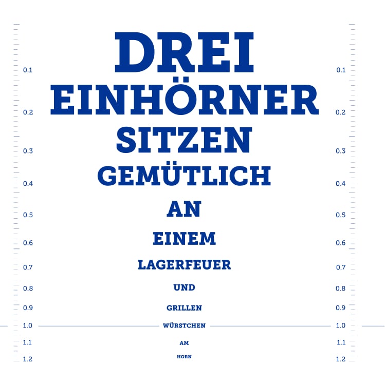 Sehtafel mit deutschen Wörtern in abnehmender Schriftgröße zur Darstellung des Sehvermögens.