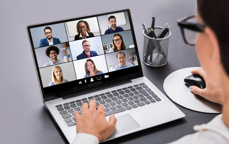 Woman looking at webinarr