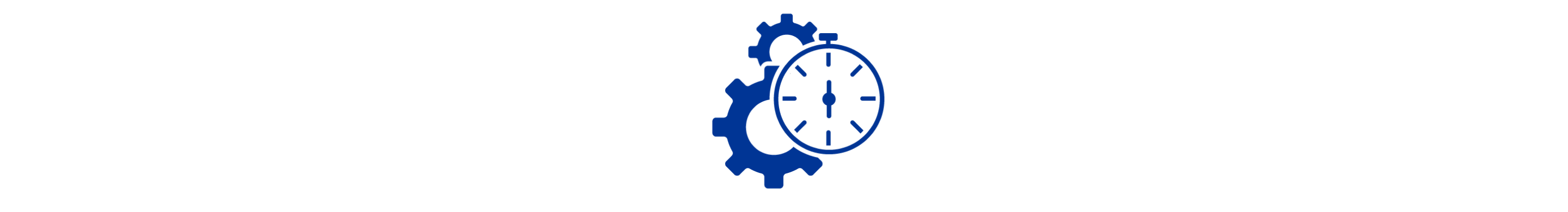 A blue icon of two gears behind a stopwatch