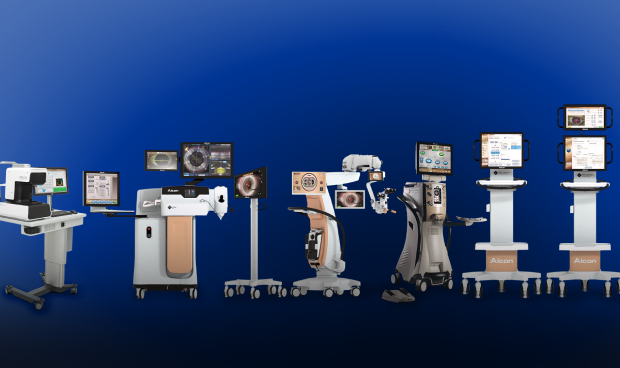 An image showing different surgical devices made by Alcon on a dark blue background. The ARGOS Biometer, LenSx Laser System, Verion Digital Marker, LuxOR Revalia Ophthalmic Microscope, Centurion Vision System, ORA SYSTEM Intraoperative Abberometer.