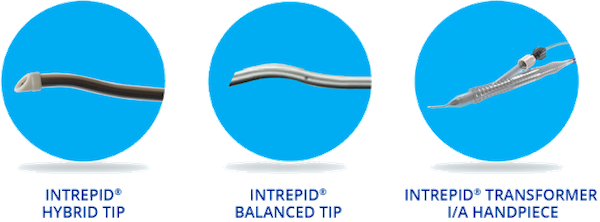 INTREPID Hybrid Tip, INTREPID Balanced Tip, and INTREPID Transformer I/A handpiece each on an individual blue circle background