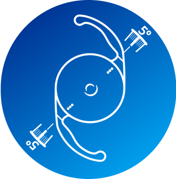 An icon of a Vivity IOL with degree measurements on either side to signify axial displacement appearing over a blue background.