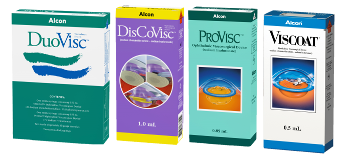 Product shots of Alcon’s Ophthalmic Viscosurgical Devices: DuoVisc,  DisCoVisc, ProVisc, Viscoat, DuoVisc.
