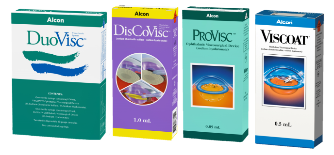 Product shots of Alcon’s Ophthalmic Viscosurgical Devices: DuoVisc,  DisCoVisc, ProVisc, Viscoat, DuoVisc.