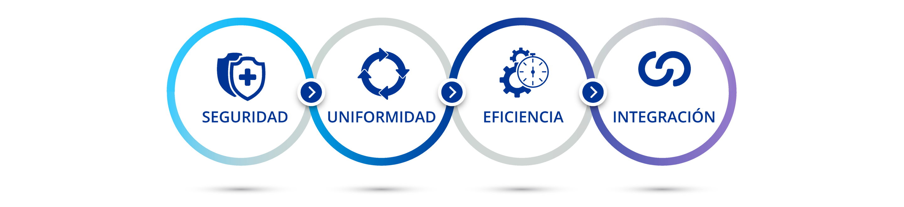 Diagrama que ilustra las cuatro secciones de esta página web. Icono de un escudo blanco con una cruz azul sobre un escudo azul oscuro con texto debajo que dice: “Seguridad”. Icono de un círculo que consiste en cuatro flechas conectadas con texto debajo que dice: “Uniformidad”. Icono de dos engranajes y un cronómetro con texto debajo que dice: “Eficiencia”. Icono de dos semicírculos interconectados con texto debajo que dice: “integración”.