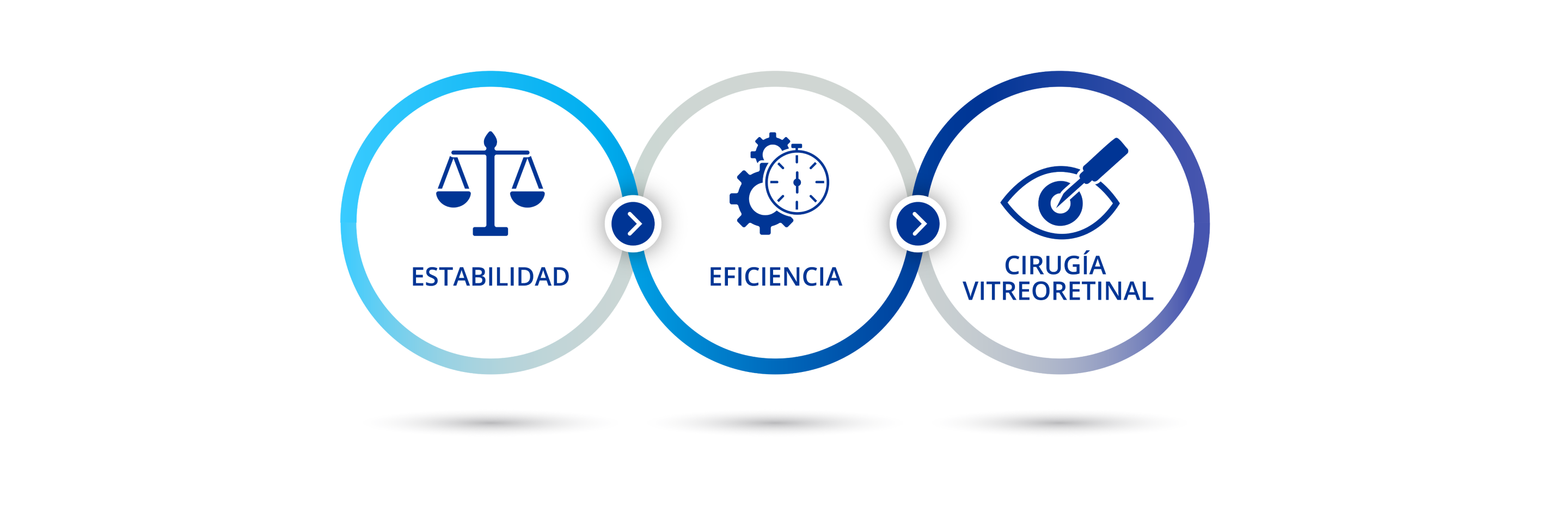 Diagrama que ilustra las tres secciones de esta página web. Icono con balanza con texto debajo que dice: “estabilidad”. Icono de dos engranajes y cronómetro con texto debajo que dice: “eficiencia”. Icono de bisturí apuntando a un ojo con texto debajo que dice “cirugía vitreorretiniana”.