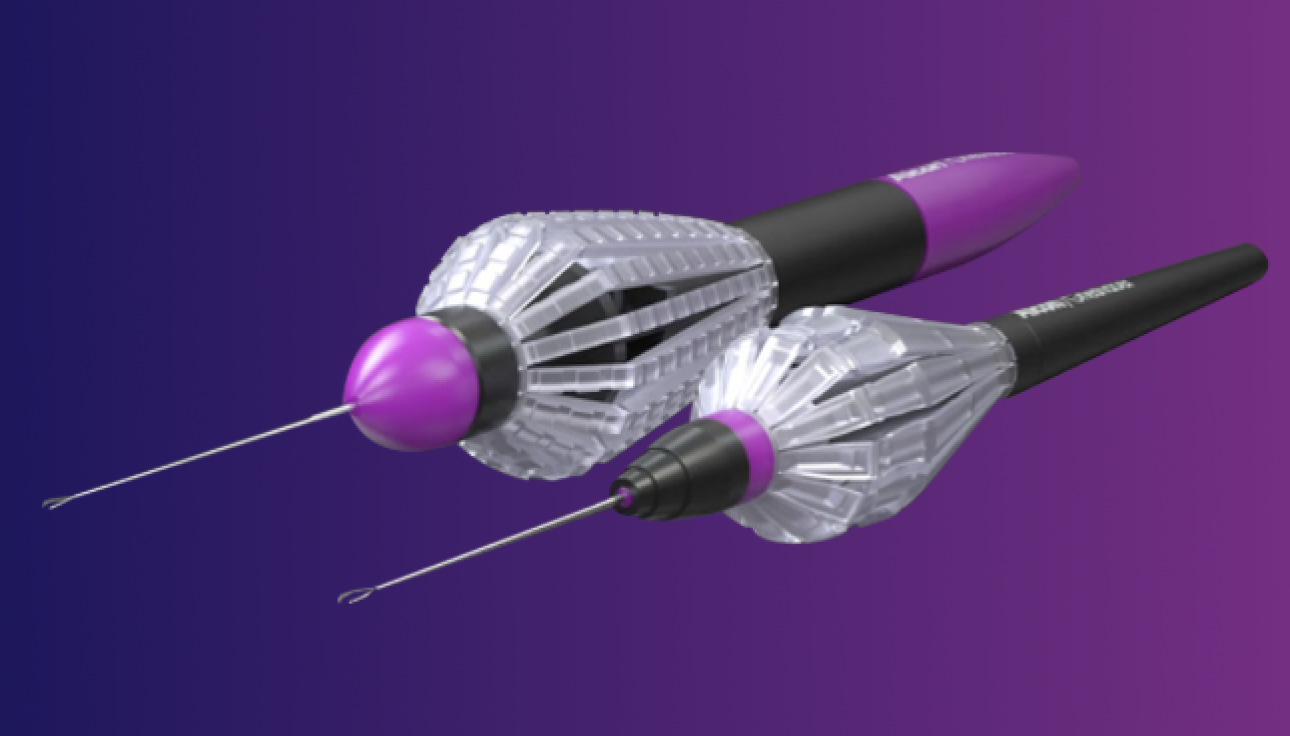 An image of the FINESSE REFLEX Handle next to an image of the FINESSE SHARKSKIN ILM Forceps. The two devices are side by side and appear on a purple background.