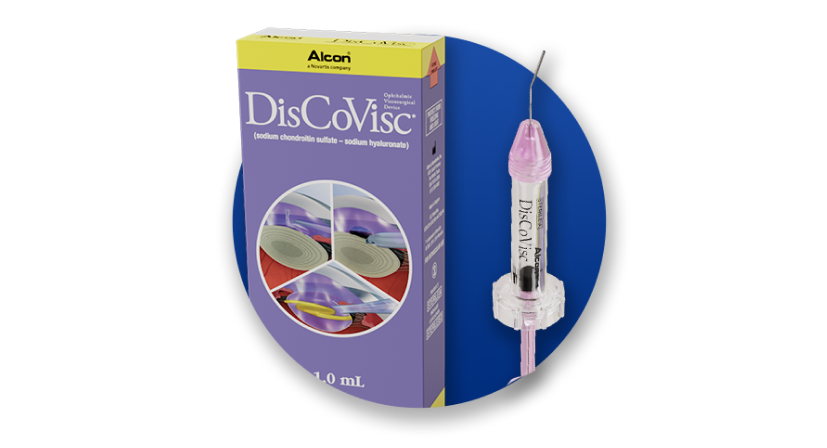 Alcon’s DisCoVisc OVD product and product box on a blue circle background