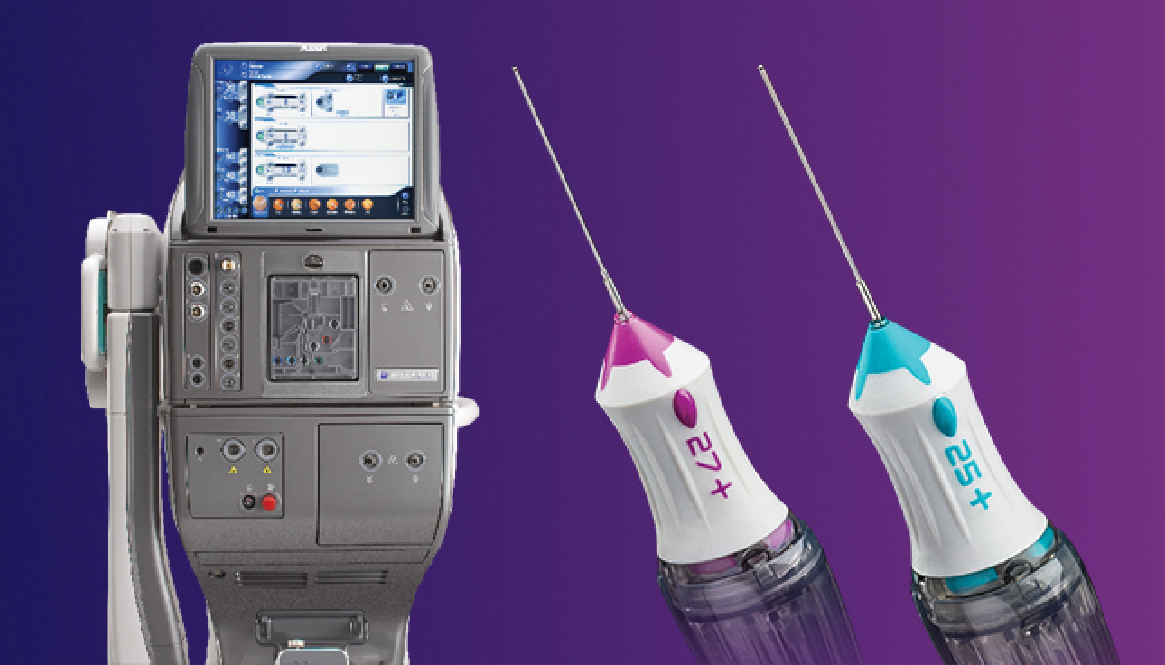 An image of the CONSTELLATION Vision system next to the images of the 27+ and 25+ Gauge Advanced ULTRAVIT Beveled High Speed Probes. The three devices appear side by side on a purple background.