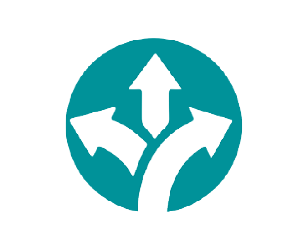 Icono, color cerceta, que muestra tres flechas que van en tres direcciones: recto, izquierda y derecha.