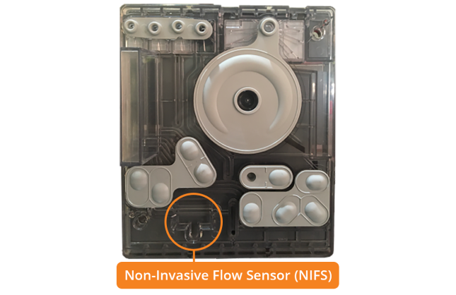 Primer plano del sensor de flujo no invasivo.