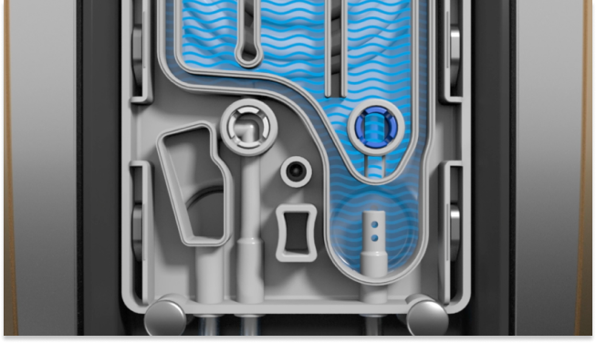 Primer plano del componente QuickValve Technology del CENTURION Vision System. Las líneas azules indican cómo se libera el fluido hacia la línea de aspiración para reducir la sobretensión y mantener la PIO objetivo.