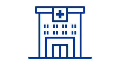 Icono azul oscuro de un edificio de un hospital que representa un centro quirúrgico ambulatorio.