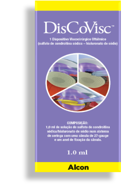 Caja de producto OVD DuoVisc de Alcon. Este producto contiene 1ml de DisCoVisc.