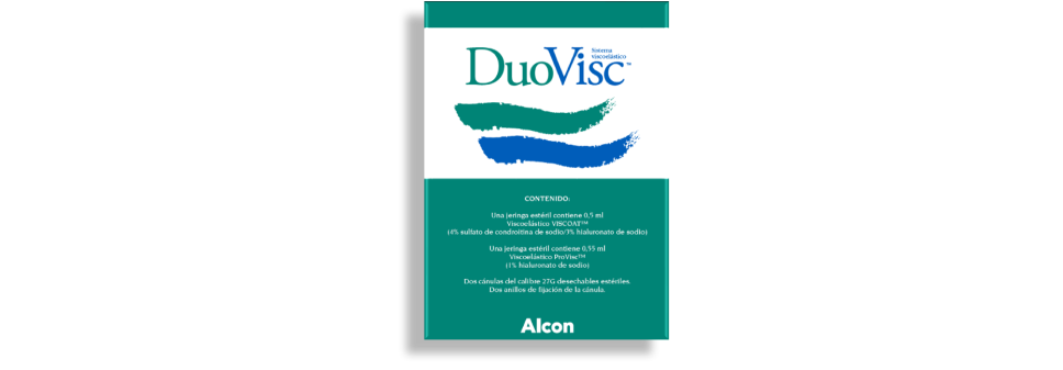 Caja de producto OVD DuoVisc de Alcon. Este producto contiene 0,50 ml de Viscoat y 0,55 ml de ProVisc.