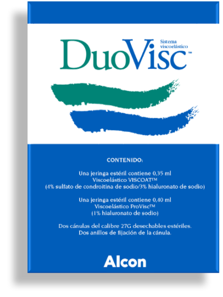 Caja de producto OVD DuoVisc de Alcon. Este producto contiene 0,35 ml de Viscoat y 0,40 ml de ProVisc.