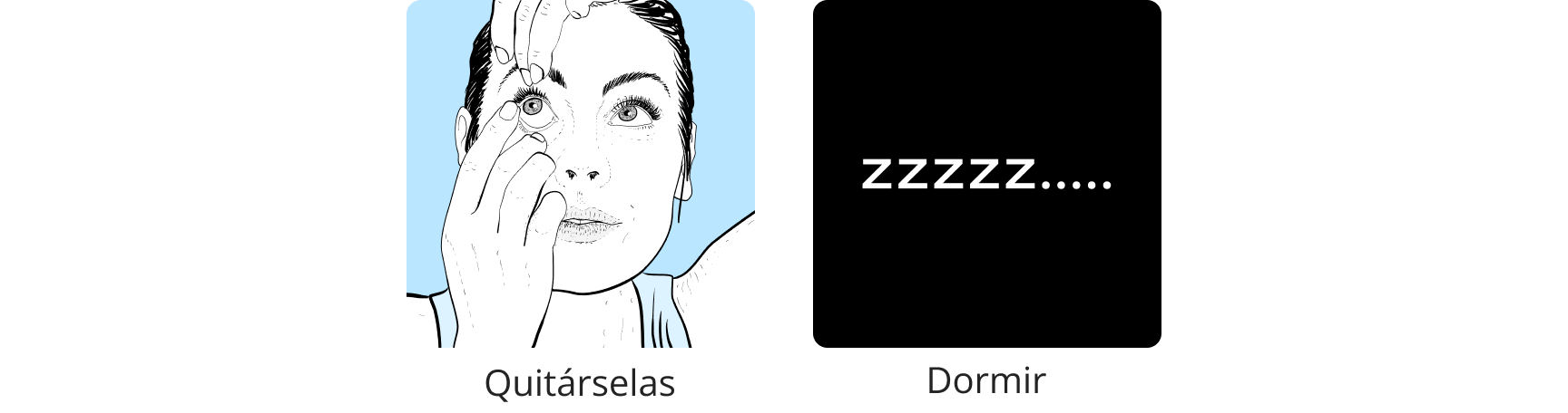 Imagen de una mujer poniéndose una lentilla. E imagen del símbolo dormir con  descripción