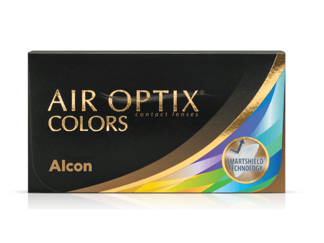 Empaque de AIR OPTIX COLORS de Alcon, lentes de contacto mensuales de color con tecnología SmartShield y diseño multicolor