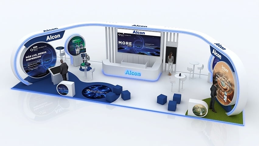 Representación 3D del stand de Alcon en un congreso de oftalmología, con áreas dedicadas a iluminación avanzada, retina, tecnología quirúrgica y espacios de demostración interactiva.