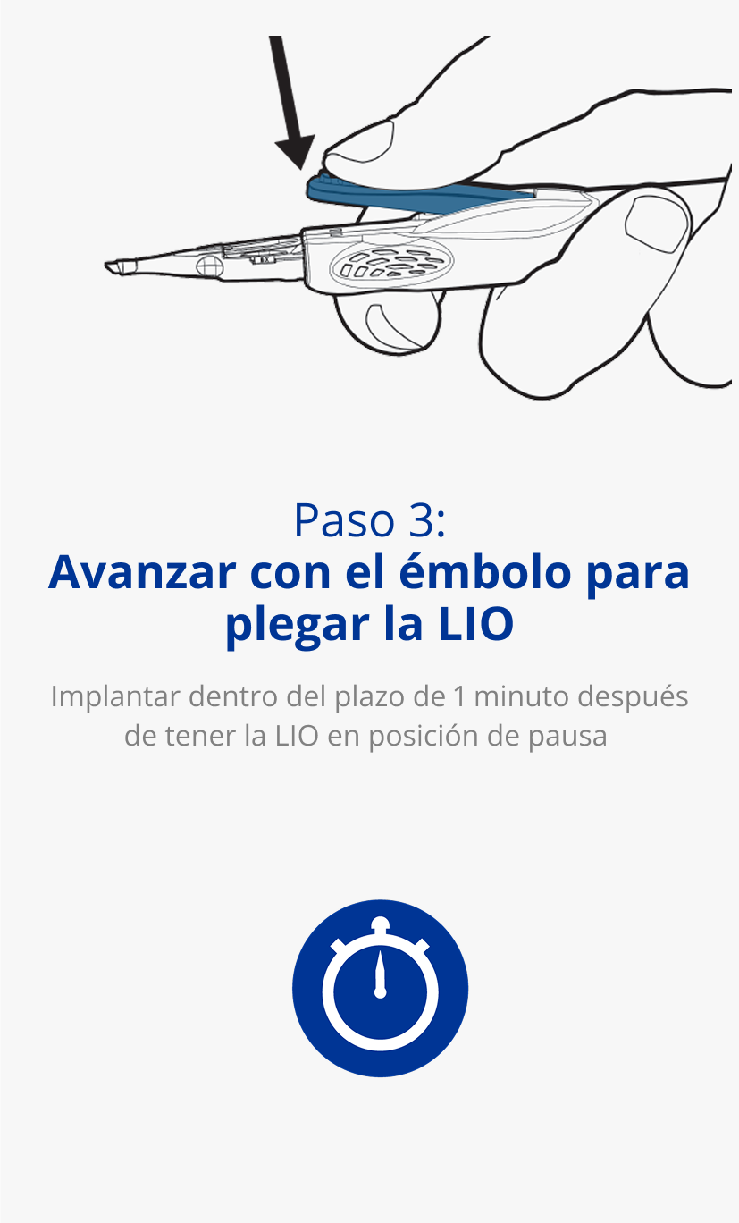Ilustración de una mano sujetando un sistema inyector AutonoMe. Una flecha negra apunta hacia el dispositivo para indicar un movimiento de pulsar hacia abajo. Icono azul de un reloj.