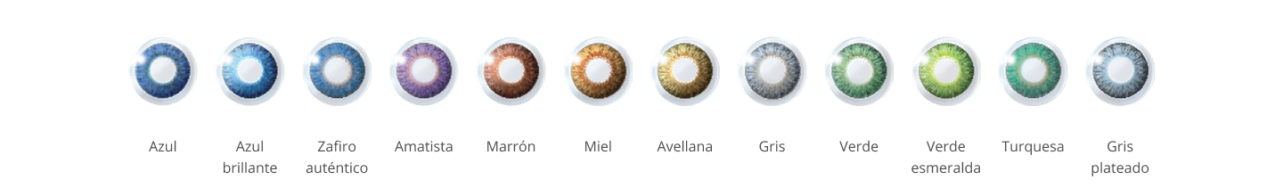 Gama de 12 colores disponibles para AIR OPTIX COLORS, incluyendo azul, zafiro auténtico, amatista, marrón, miel, avellana, gris, verde, verde esmeralda, turquesa y gris plateado.