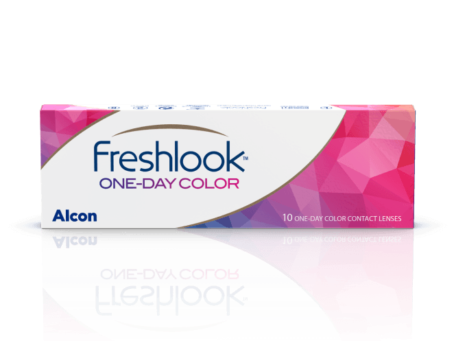 Empaque de FreshLook ONE-DAY COLOR de Alcon, lentes de contacto de color diarias con diseño en tonos rosa y morado.
