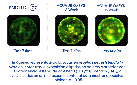 Imágenes de fluorescencia en microscopio de lentes de contacto. PRECISION7 después de 7 días muestra menos depósitos lipídicos. ACUVUE OASYS después de 7 y 14 días muestra más depósitos lipídicos.