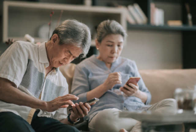 Pareja de ancianos buscando información en su teléfono»