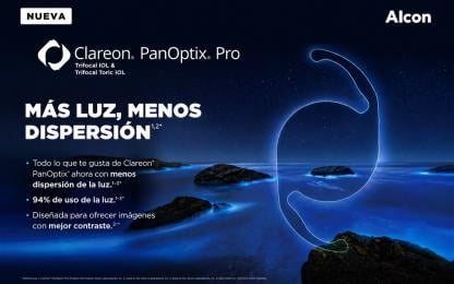 Promoción de la lente intraocular Clareon® PanOptix® Pro con una ilustración luminosa sobre el océano destacando una mayor transmisión de luz y calidad visual.