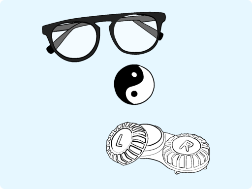 Imagen de gafas, lentillas y un yin y un yang