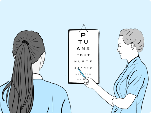 Profesional de la visión y paciente durante un examen ocular