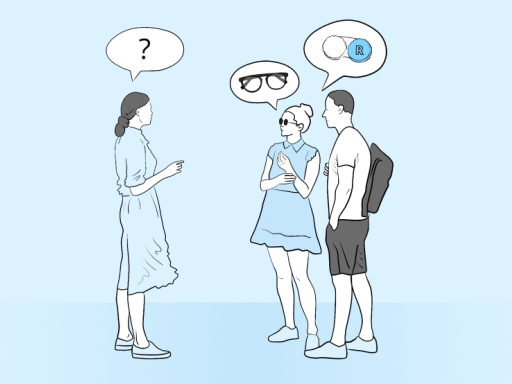 Un grupo de personas debate sobre la elección de lentes de contacto o gafas