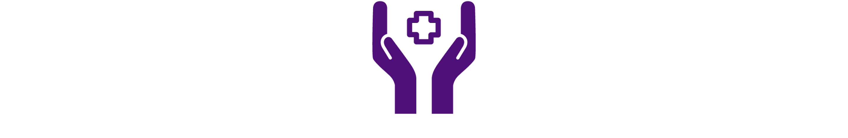 Dark purple icon of open hands with a medical logo between the palms.