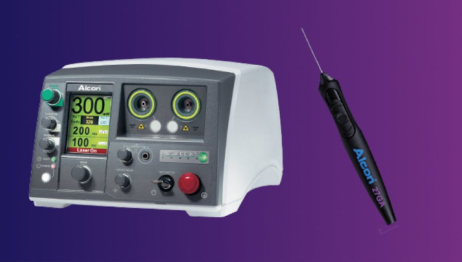An image of the PUREPOINT Laser System next to the image of the 27 Gauge VEKTOR Articulating Illuminated Laser Probe. The two devices appear side by side on a purple background.