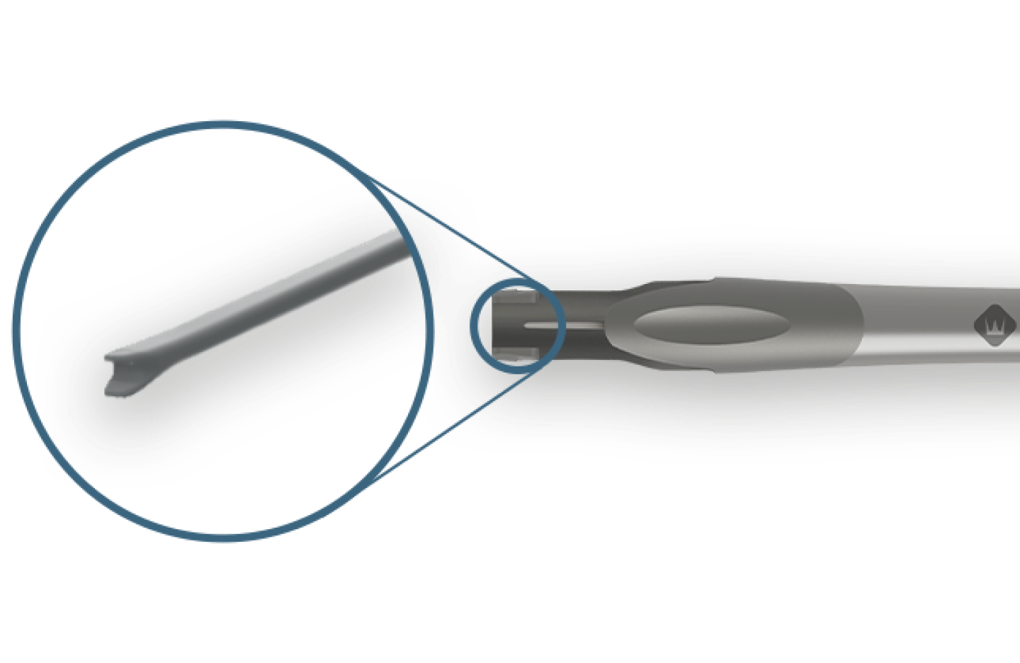 L’injecteur Clareon Monarch IV est placé à l'horizontale. Un cercle bleu est placé sur l'appareil pour attirer l'attention sur l'extrémité du piston.