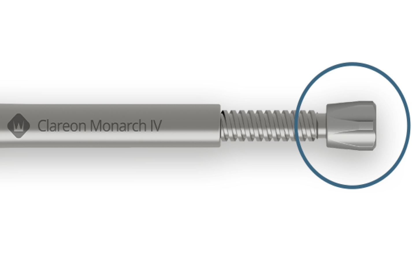 L’injecteur Clareon Monarch IV est placé à l'horizontale. Un cercle bleu est placé sur le bouton rotatif agrandi pour attirer l'attention.