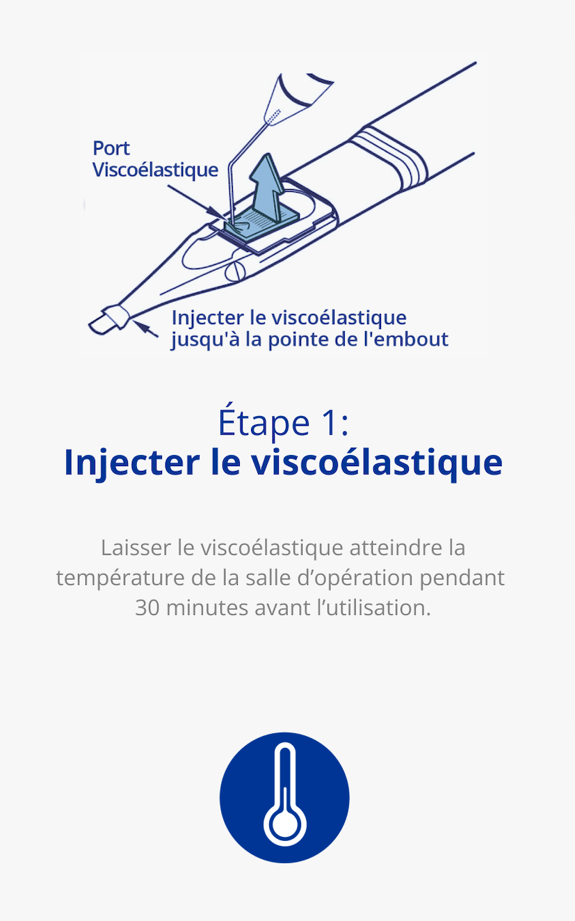 Illustration de la première étape de la préparation de l'implant UltraSert. Une flèche bleue pointe vers le port viscoélastique où UltraSert est rempli d'un viscoélastique. Une deuxième flèche bleue avec le texte 'Insérer le viscoélastique jusqu’à la pointe de l’embout' pointe vers l'extrémité du dispositif.