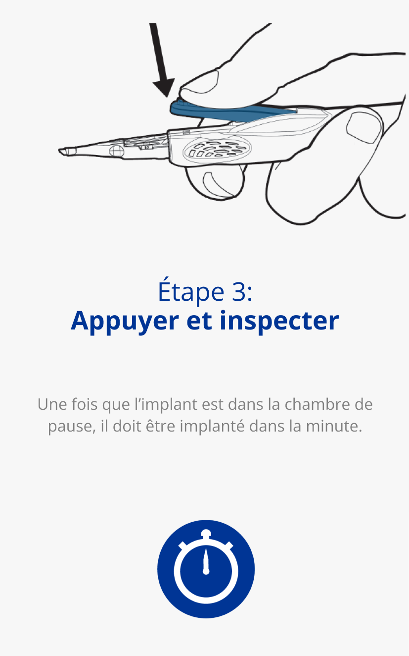 Illustration d'une main tenant un système de délivrance AutonoMe. Une flèche noire pointe vers le dispositif pour indiquer un mouvement de poussée vers le bas. Icône bleue d'une horloge.