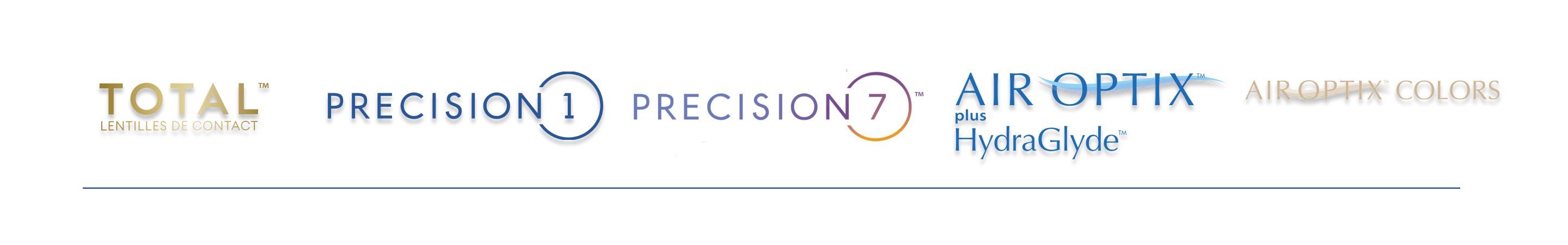Logos des marques de lentilles de contact Alcon présentés côte à côte, notamment TOTAL lentilles de contact, PRECISION