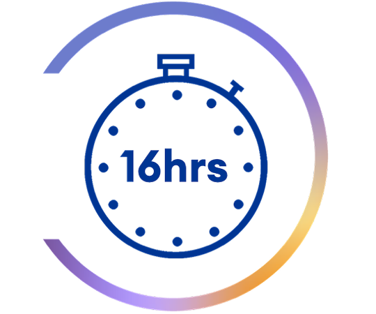 Icône d’un chronomètre avec le texte « 16 h » au centre, représentant 16 heures de confort.