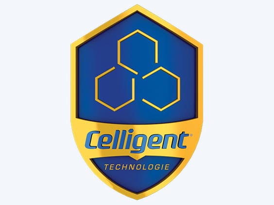 Icône en forme de bouclier représentant la technologie CELLIGENT®, avec un symbole moléculaire stylisé et la mention « Celligent Technologie ».