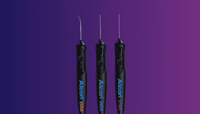 Image des fibres laser à endoillumination articulées VEKTOR 23 Gauge, 25 Gauge et 27 Gauge. Les trois appareils apparaissent côte à côte sur un fond violet.
