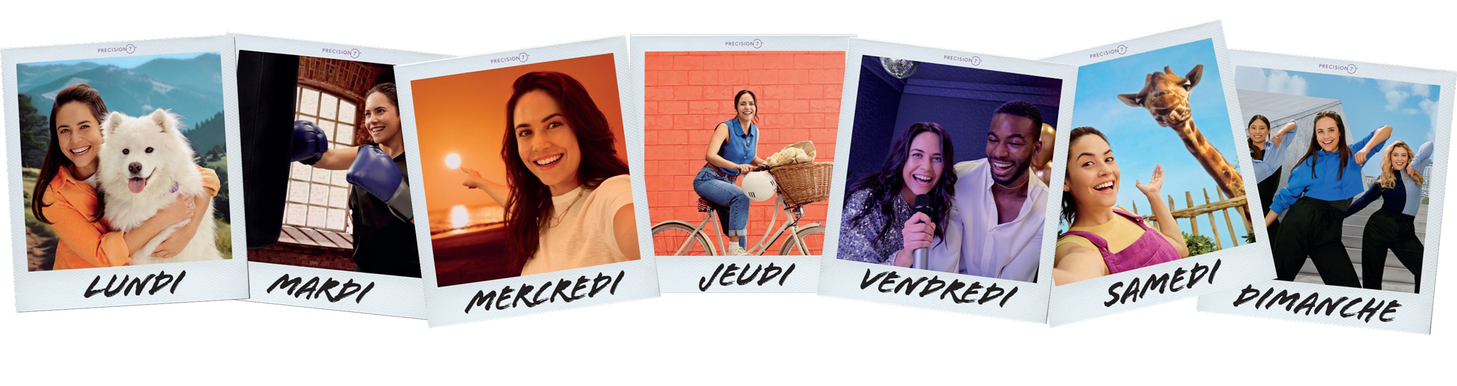 Photos de style Polaroid accrochées à une corde, chacune étiquetée avec un jour de la semaine et montrant des personnes faisant différentes activités du lundi au dimanche