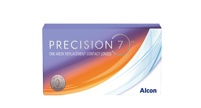 Boîte de lentilles de contact PRECISION7 à remplacement hebdomadaire d’Alcon, au design violet et orange.